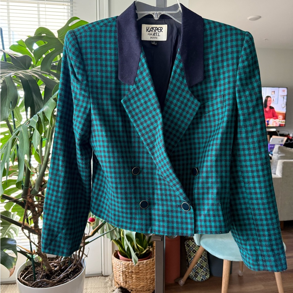 Kasper Women's Green and Black Checkered Blazer